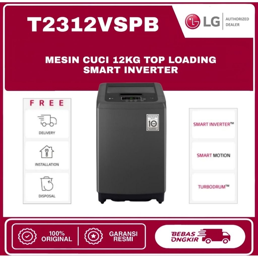 LG T2312VSPB Mesin cuci top loading 12kg smart inverter