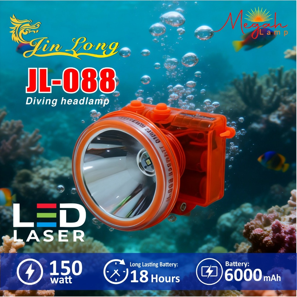Senter Kepala Selam Jinlong JL 088 Daya 150 Watt Baterai 6000 Mah Durasi 18 Jam dan Kedalaman 30 Met