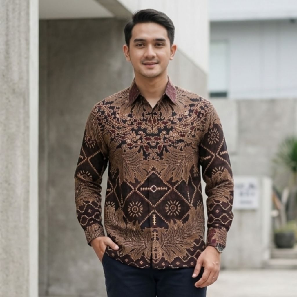 Batik Pria Lapis Furing Burgandi Cokelat Lengan Panjang Katun Solo Reguler - Seragam Batik Pria Pest