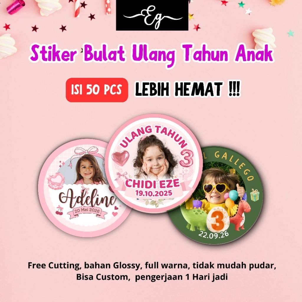 (Isi 50 pcs) Stiker ulang Tahun anak/stiker bulat ulang tahun anak/stiker ulang tahun custom/ stiker