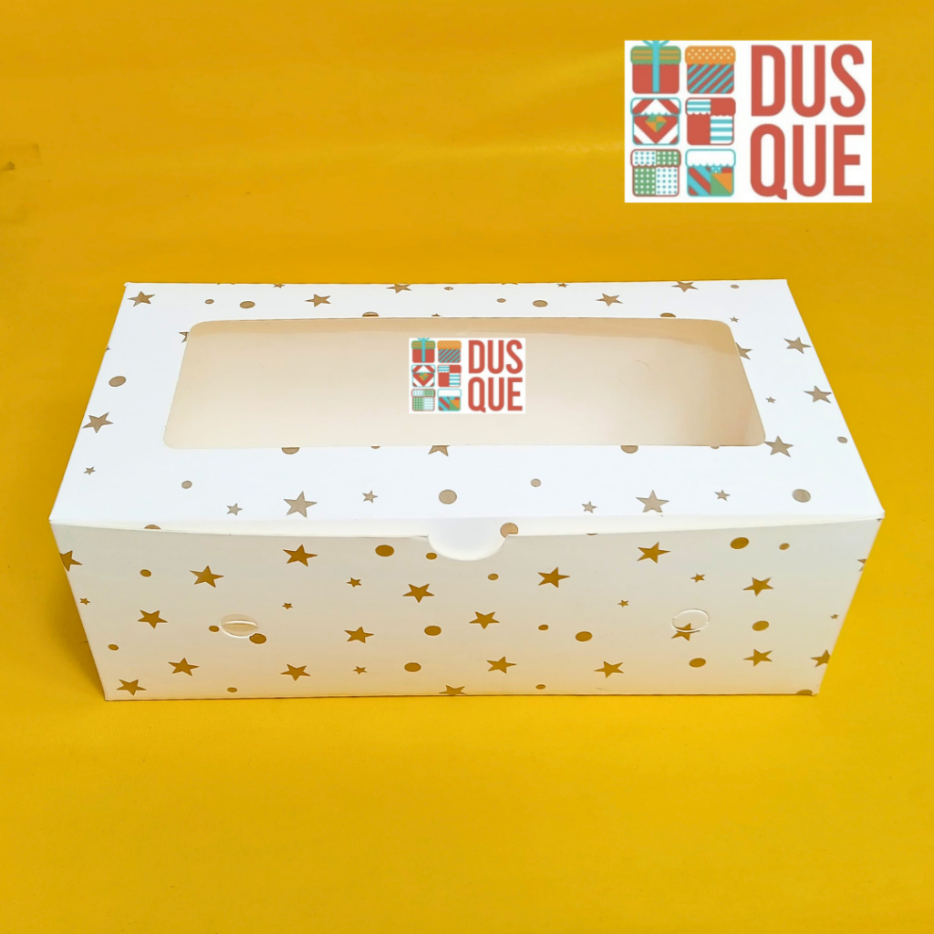 Dus Kotak Kue Ivory Motif 12x25x8cm Motif Polkadot Bintang Emas Ivory Premium Jendela (10 Pcs)