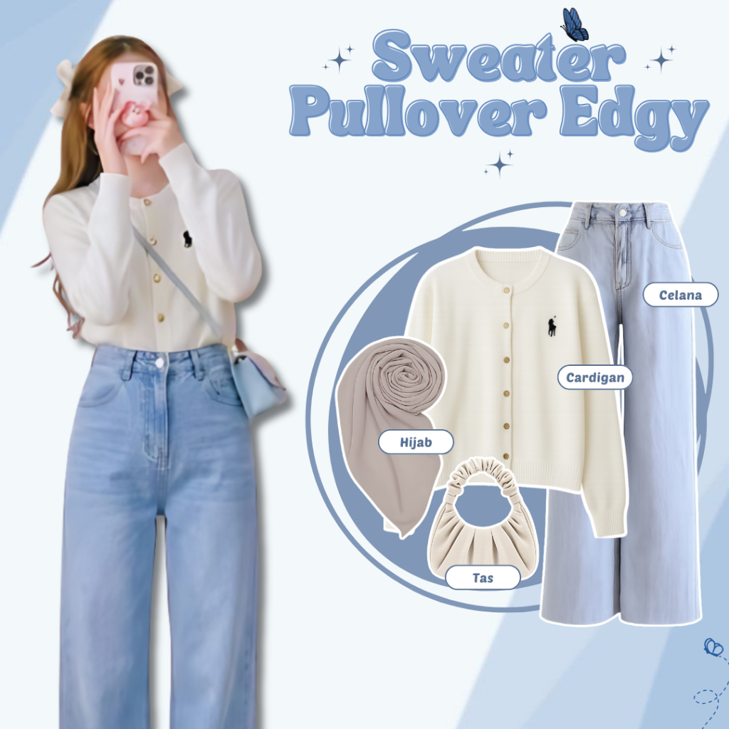 One Set 3in1 - Cardigan Rajut + Celana Kulot Jeans + Jilbab - Baju Setelan Remaja Korea -  Set Wanit