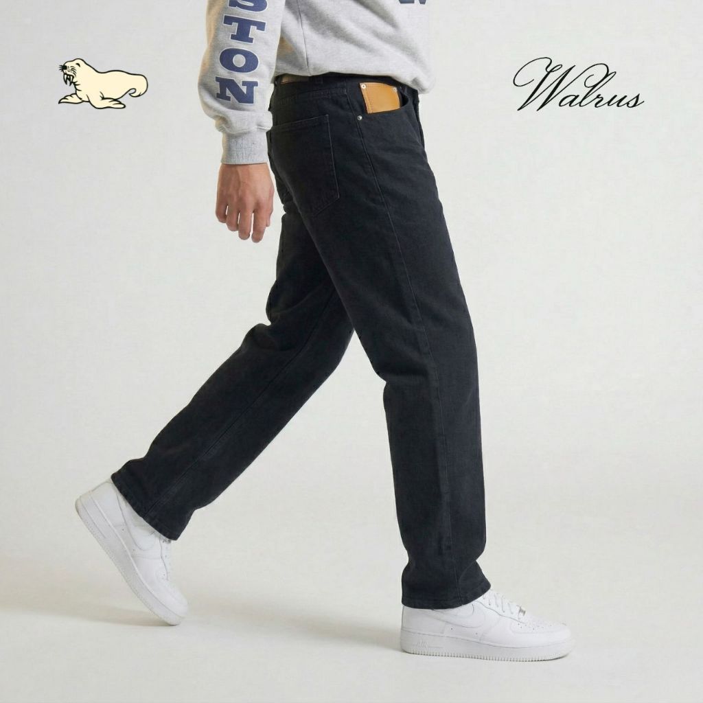 Walrus Signature Denim Pant Straight Fit Celana Jeans Pria Black with Leather Accent G80028T