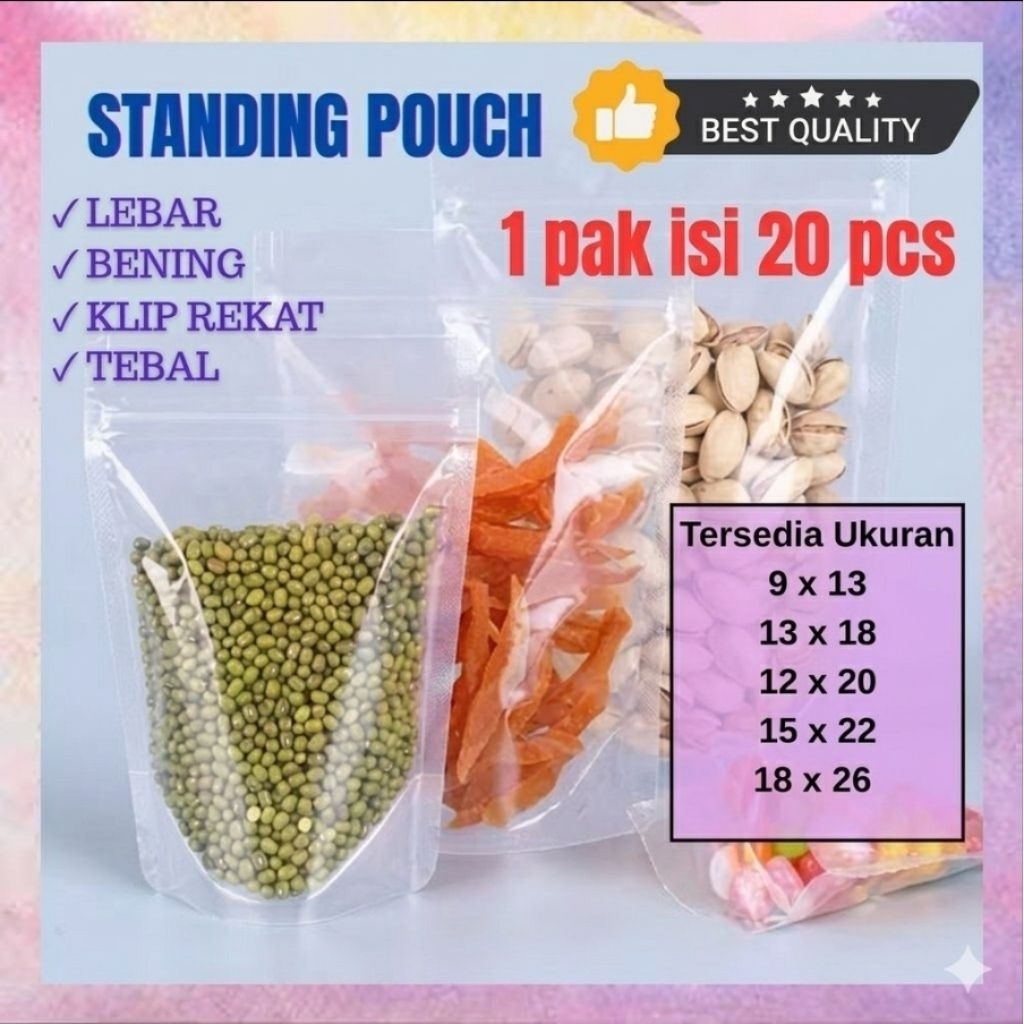 (20 PCS) ZIPLOCK STANDING POUCH BENING / PLASTIK KLIP BERDIRI TRANSPARANT UNTUK SNACK DAN MAKANAN