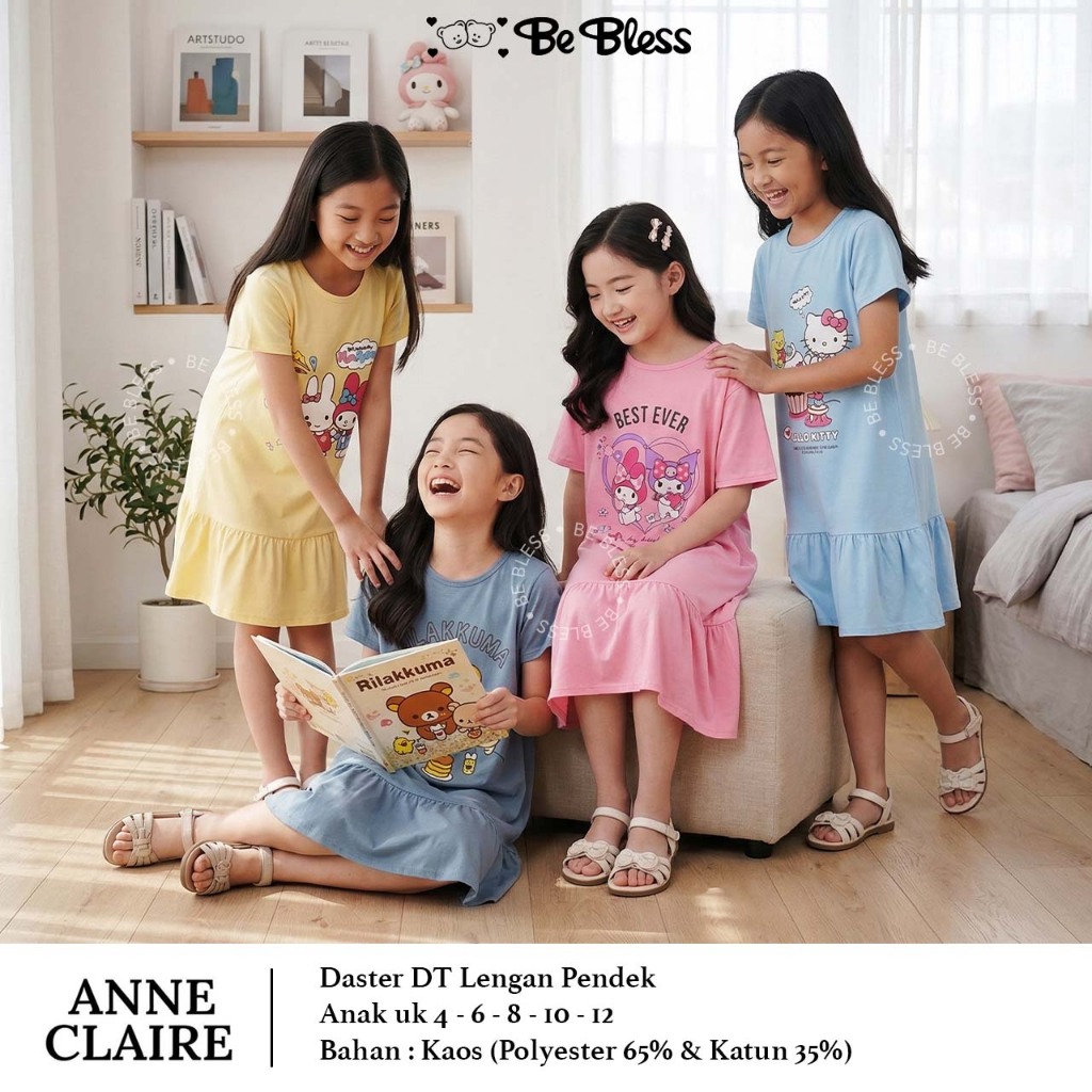 ANNE CLAIRE | Daster DT Anak Cewek Kaos Baju Tidur Dress Cewek Rumah Sleepshirt Karakter