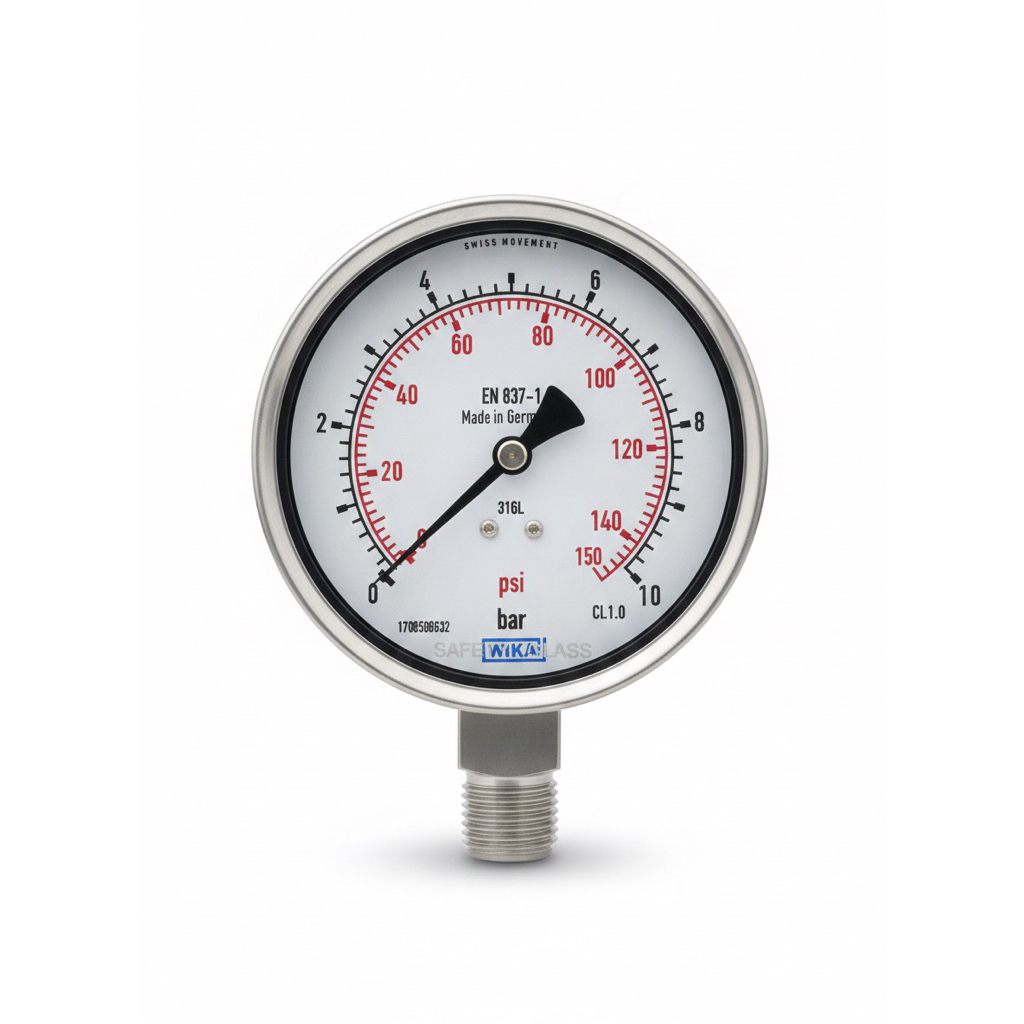 Pressure Gauge Wika Bottom Full SS 0-10 Bar&Psi Drat 1/2 NPT + Kalibrasi