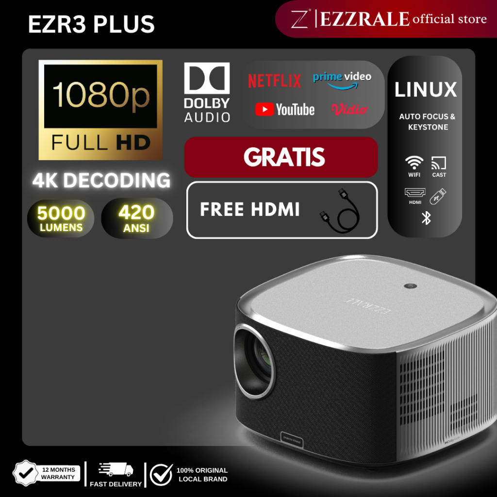 EZZRALE LINUX SMART LCD PROYEKTOR EZR3+ PLUS PROJECTOR CERTIFIED NETFLIX | YOUTUBE | PRIME VIDEO 420