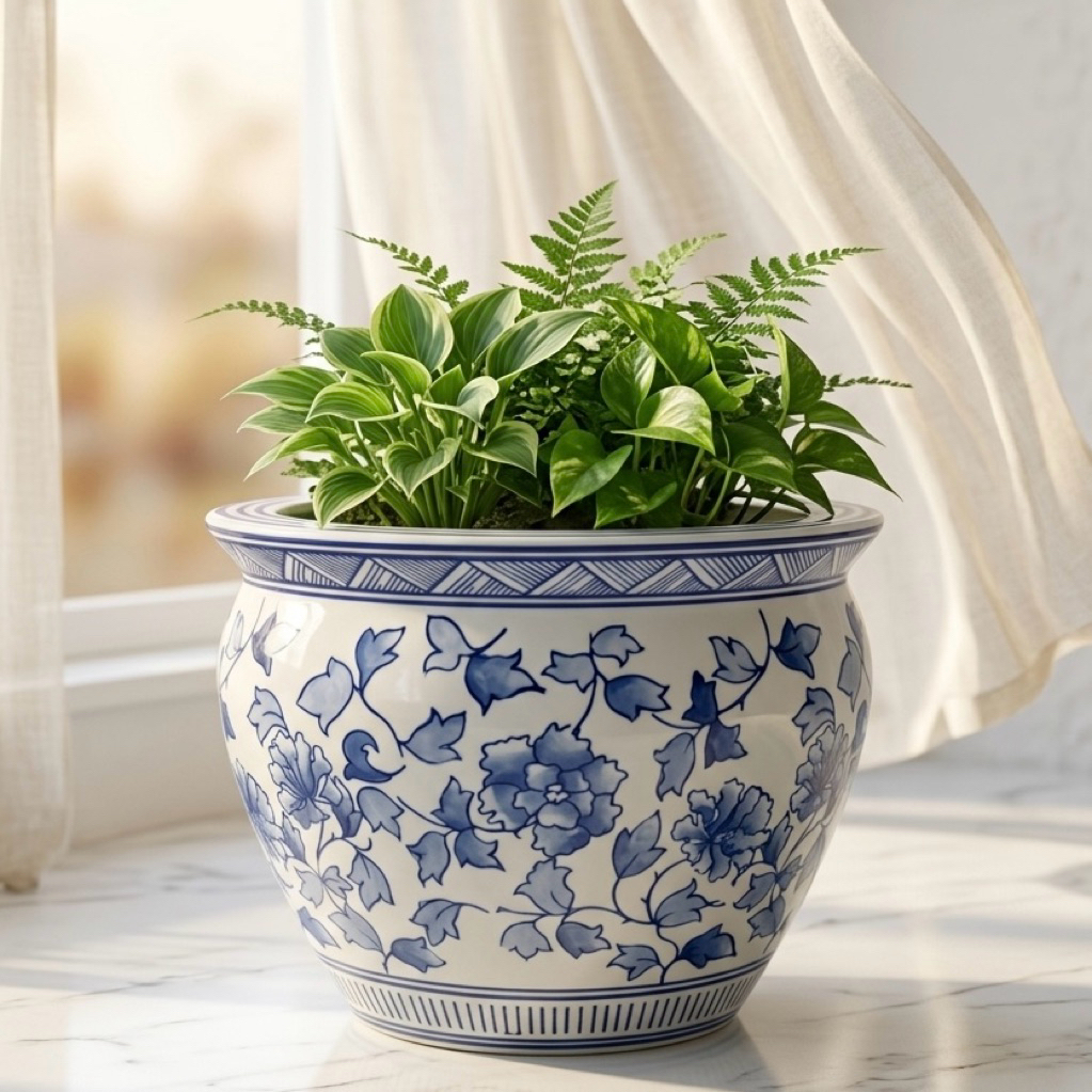pot keramik biru putih