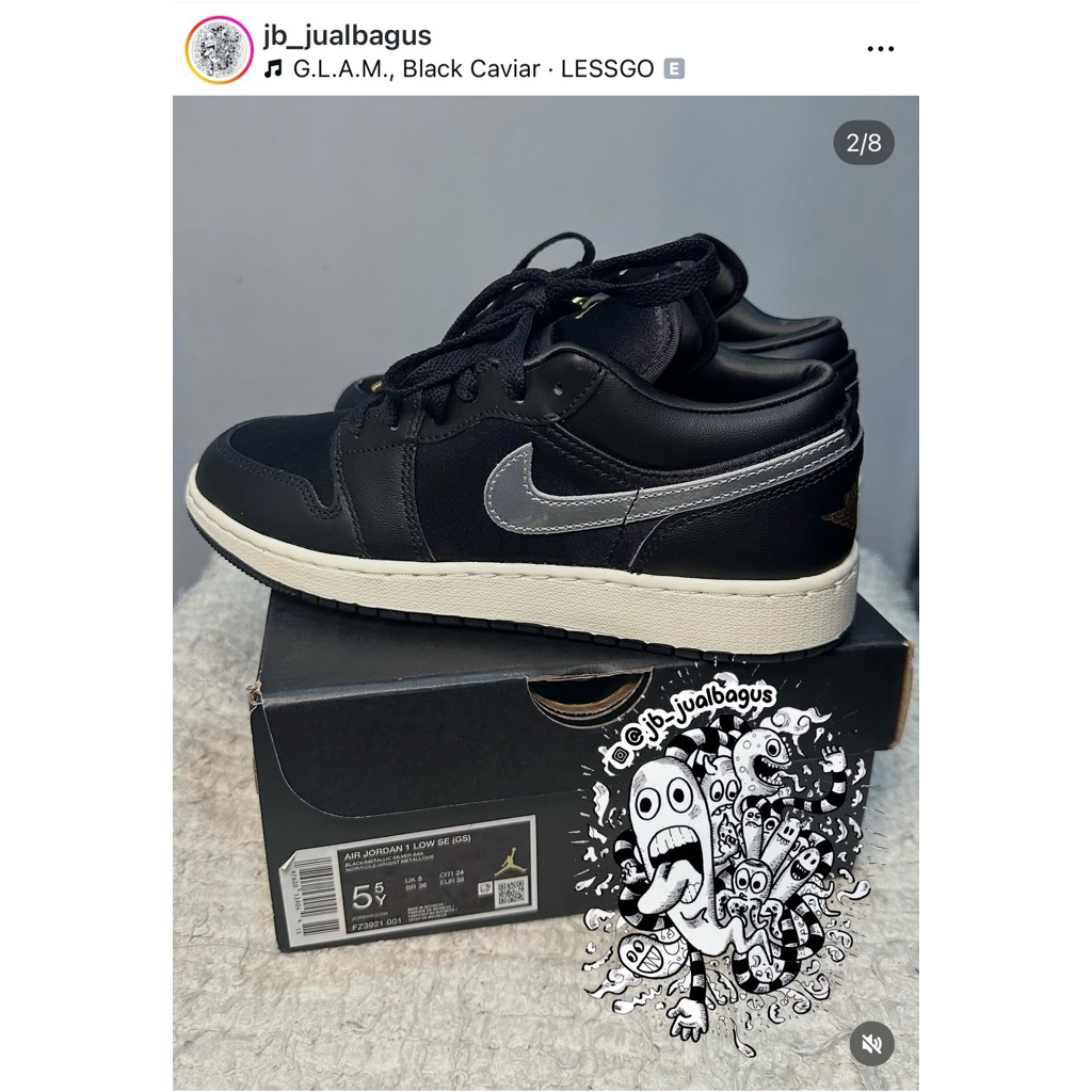 Air Jordan 1 Low (SE) “Black Metaliic Silver, Gold) Size 38 - Original, BNIB