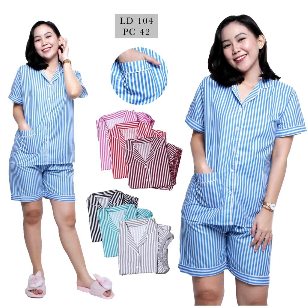 Setelan piyama katun rayon stripe jumbo one set baju tidur wanita lengan pendek celana pendek bahan 