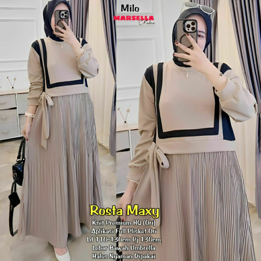 ROSTA MAXI DRESS ELEGAN ORI BY MARSELLA/GAMIS JUMBO RAJUT IMPORT MIX PLISKET PREMIUM LD 130 CM FIT X