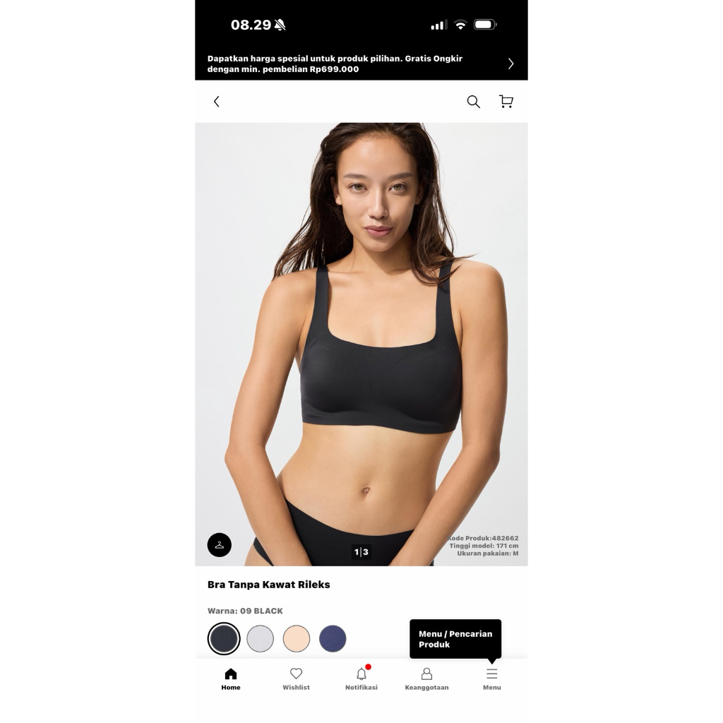NEW UNIQLO AIRism seamless bra/bra tanpa kawat size L HITAM