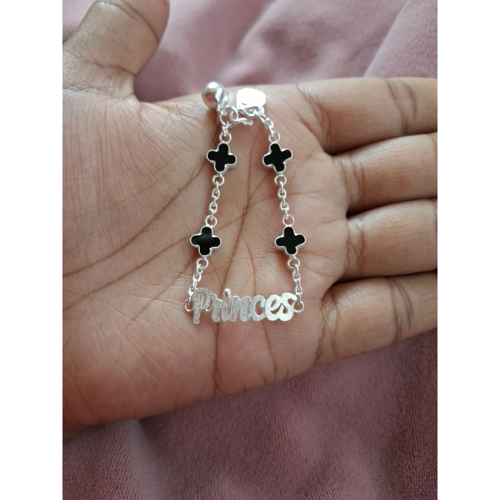 gelang perak nama clover hitam anak dewasa handmade