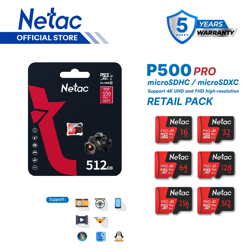 Netac MicroSD P500 Pro 16GB/32GB/64GB/128GB MicroSDHC / MicroSDXC Card V30/A1/U3 Class 10 up to 100M