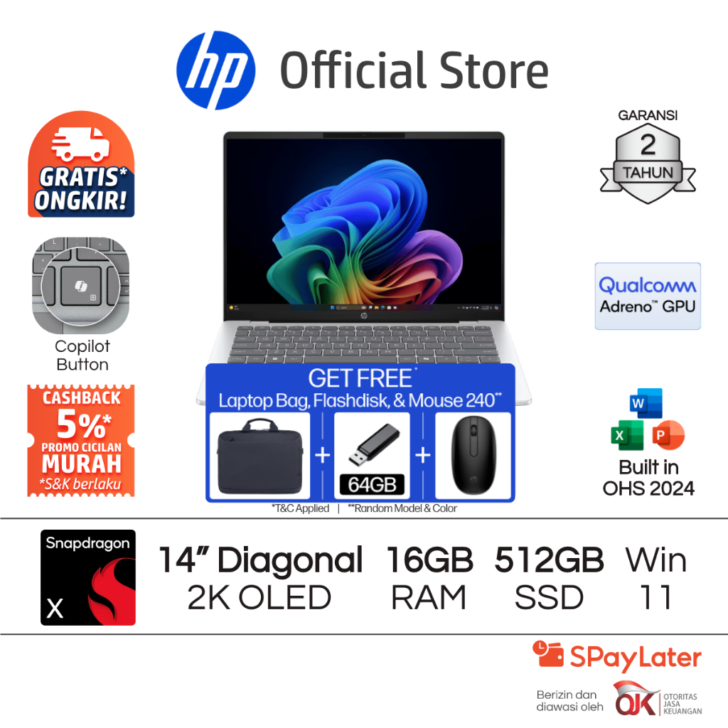 Laptop HP OmniBook 5  Snapdragon X Qualcomm Adreno 16GB RAM 512GB SSD Silver Free Windows 11 Home 14