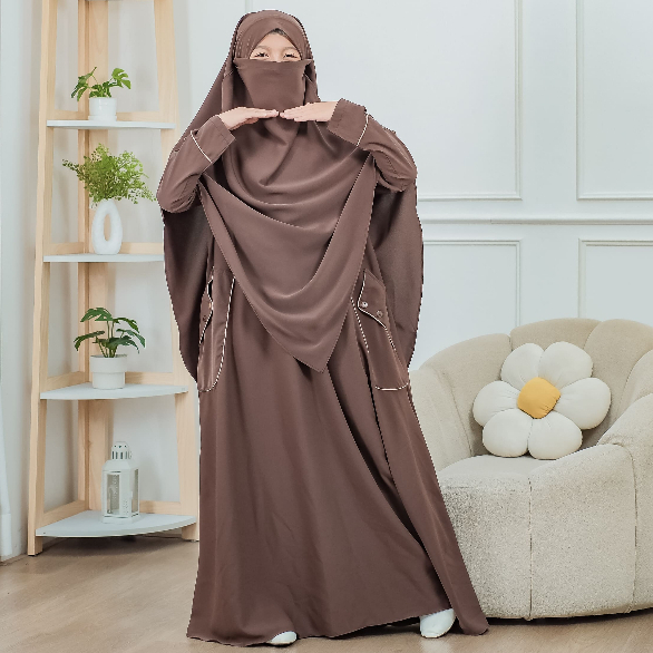 Gamis Anak Perempuan Frenskimar Syar'i Anti UV//Set Hijab bercadar//Warna Hitam,Coklat,Kream,Denim//