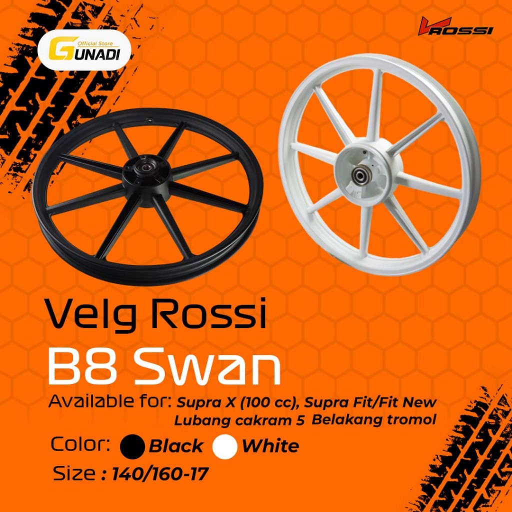 Velg Rossi B8 Swan Hitam Putih Untuk Supra X 100cc Lubang 5 Belakang Tromol