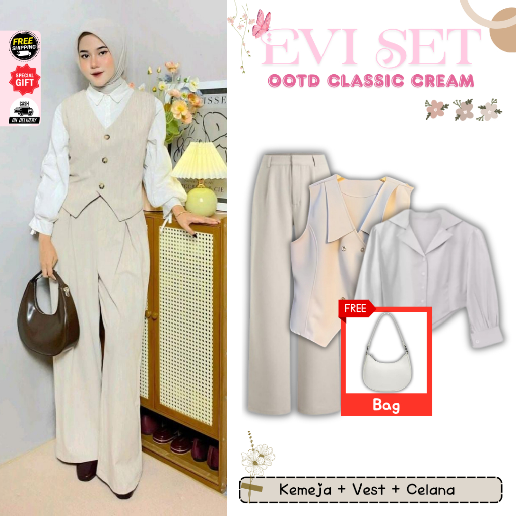 Evi Outfit Set Korean Style [ Bag + Kemeja + Vest + Celana ] One Set Remaja Kekinian Viral Aesthesti