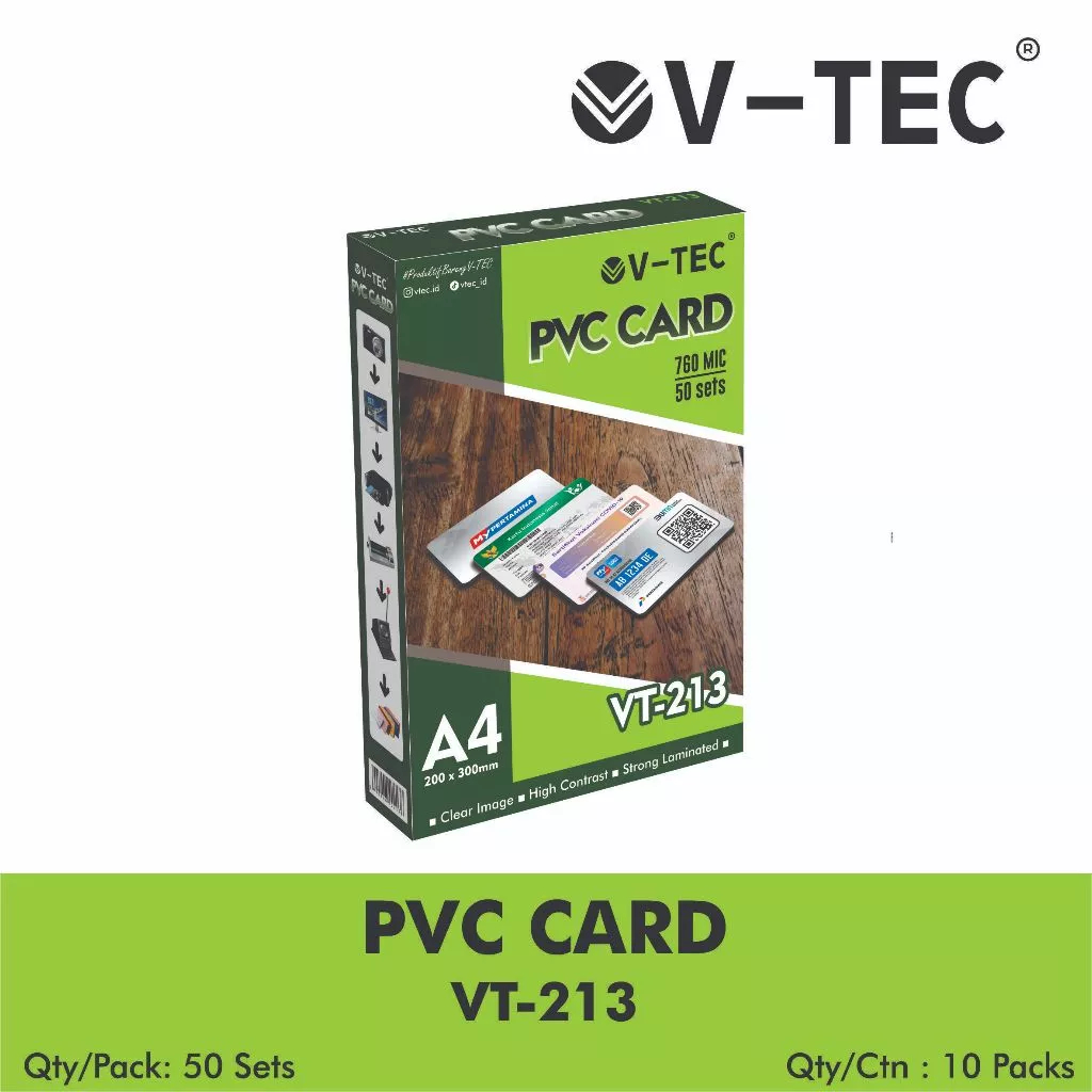 V-TEC PVC Card Putih VT-213 A4 Plastik Cetak Id Card Tebal Pack 50 Sheets