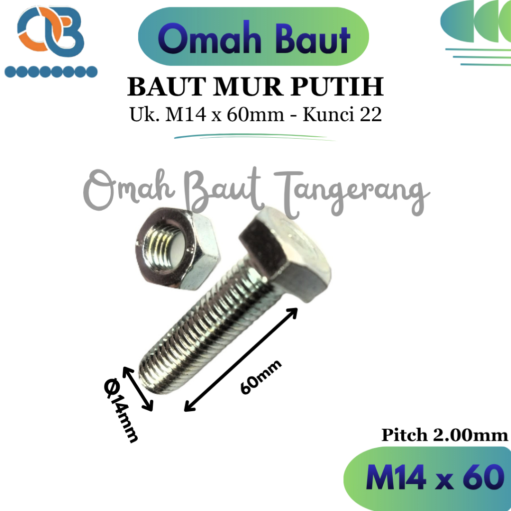 M14 X 60 BAUT MUR PUTIH M14x60 BMP M14 x 60mm HEX GALVANIS