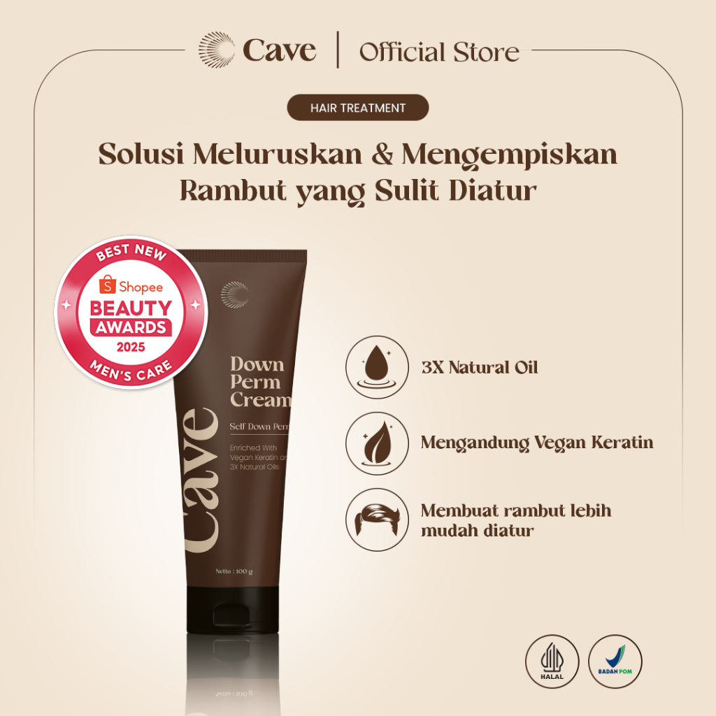 Cave Down Perm Cream 100gr - Pelurus Rambut Keriting & Mengembang dengan Vegan Keratin