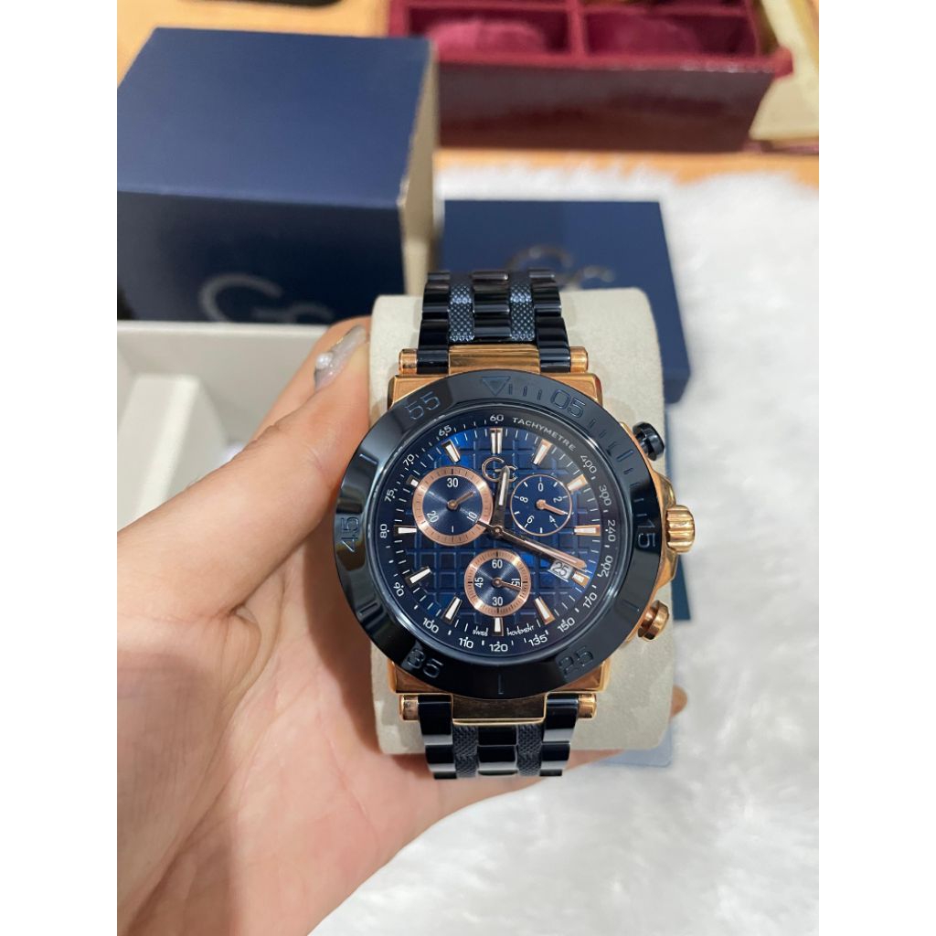 jam tangan original Gc Black and Rose Gold-Tone Chronograph Watch