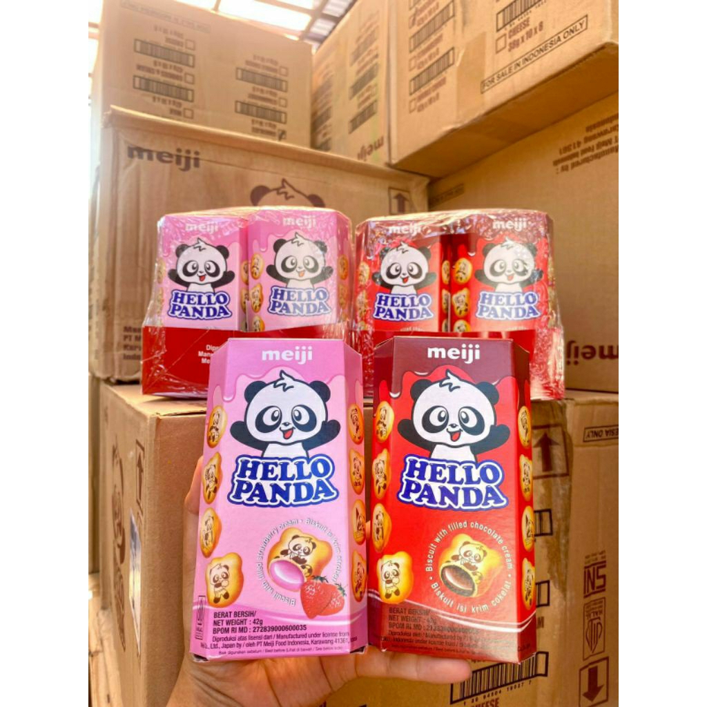 Meiji Hello Panda 42g Biskuit Isi Krim Coklat / Strawberry Snack Biskuit Panda Lucu