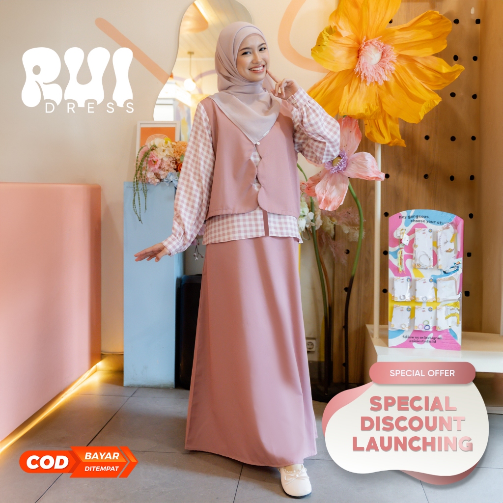 JILBRAVE Rui Dress Gamis Feminine Casual Set Outer Kombinasi Motif Kotak Plaid