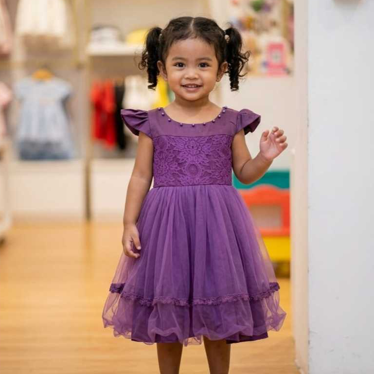 Dress Anak Perempuan dengan Bahan Brukat Tile Furing Adem / Korea / Cinderella / Ungu / Usia 2-3 tah