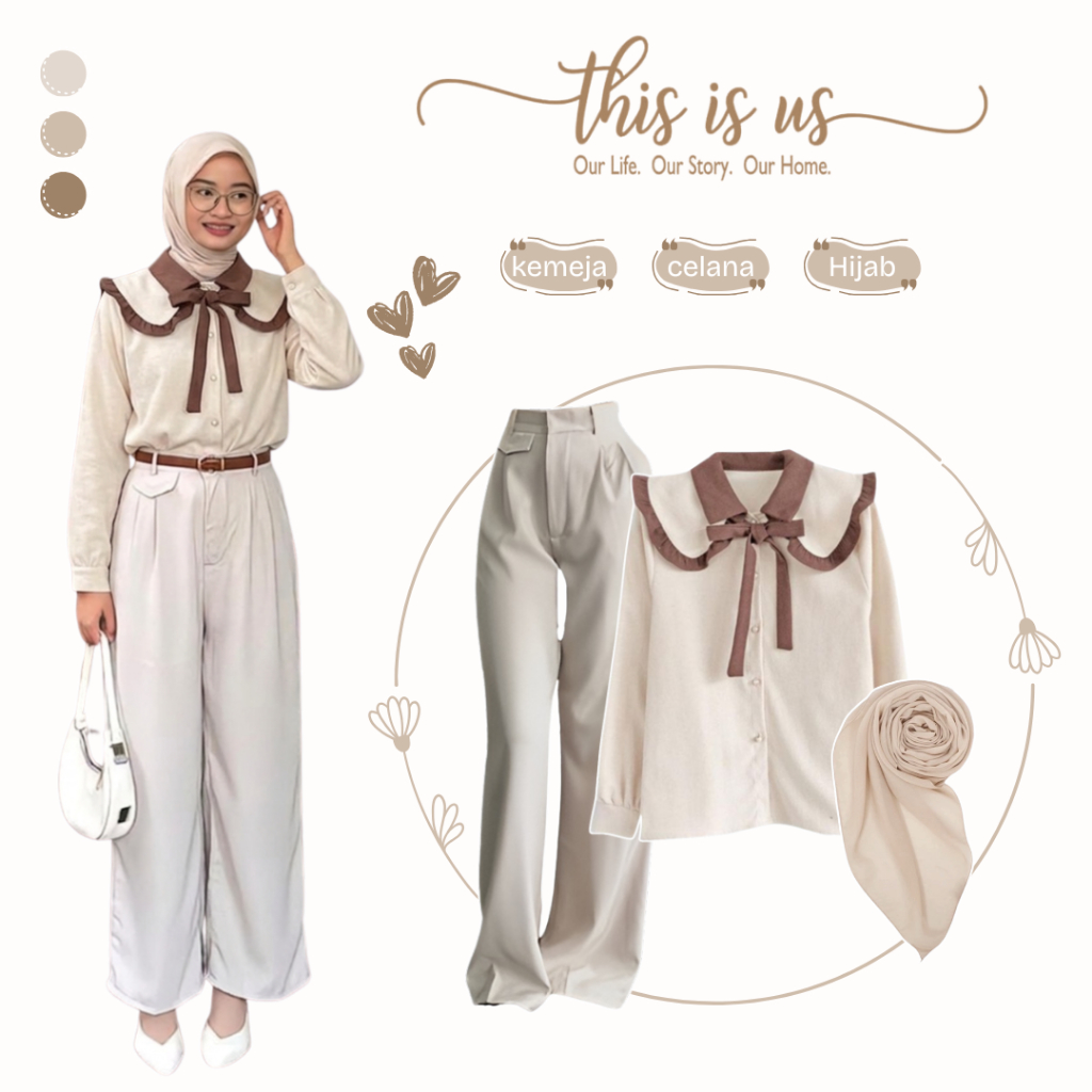 One Set Wanita Kekinian | Kemeja + Oro Pants + Hijab Bella | Satu Set Outfit Remaja - VW47N
