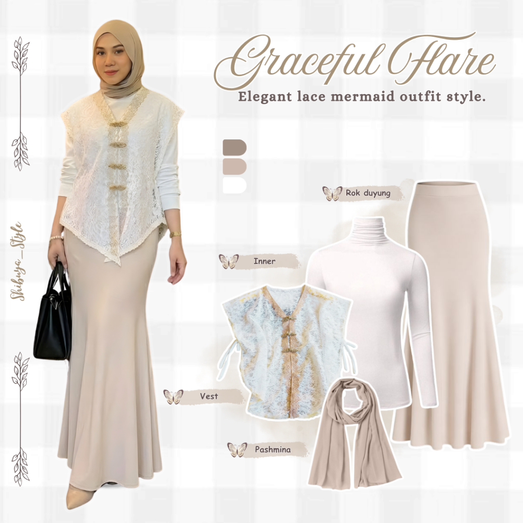 One Set Wanita Kekinian ( Vest Brokat + Inner + Rok Duyung + Pashmina ) Outfit Kondangan SB02