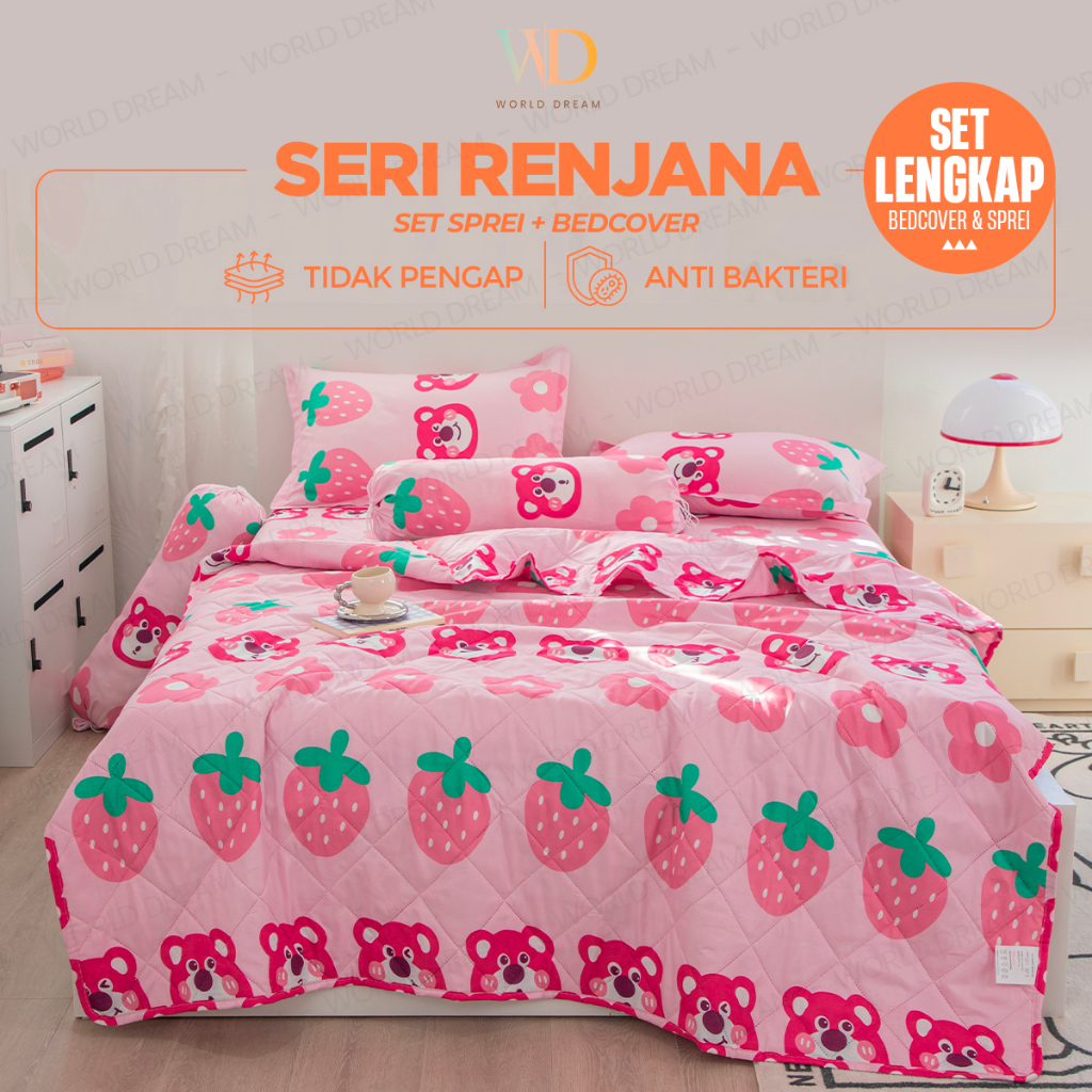 WORLDREAM Sprei Bedcover Set Premium 180x200 160X200 120X200 Halus Adem Anti Luntur Motif Aesthetic 