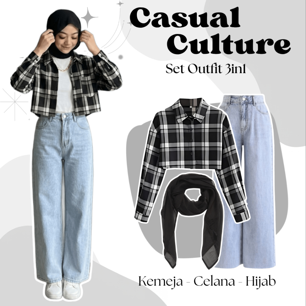 One Set Kekinian | Kemeja Crop, Celana Jeans, Hijab | Outfit Hijab Casual, Setelan Outfit Wanita