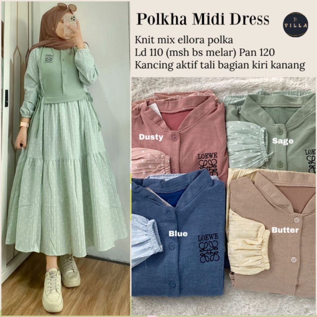 Polkha Midi Dress by Villa  - dress knit mix ellora polka - gamis wanita model terbaru kekinian - dr