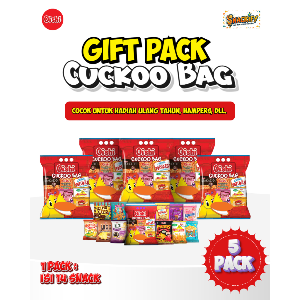 Oishi Cuckoo Bag Gift Pack 5 Pack Isi 14 Snack Variasi Rasa Untuk Hadiah