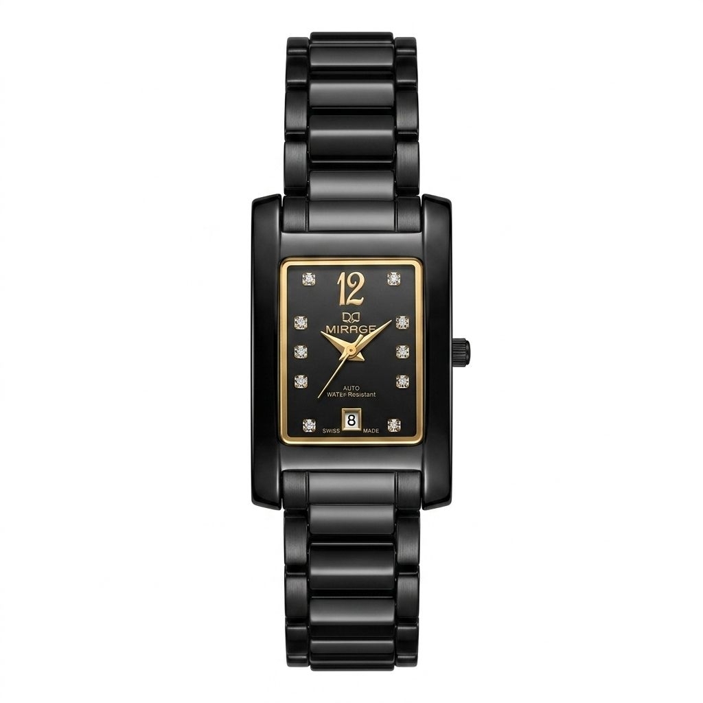 Jam Tangan Mirage 7062 Rantai Hitam Dial Gold Petak Cewek