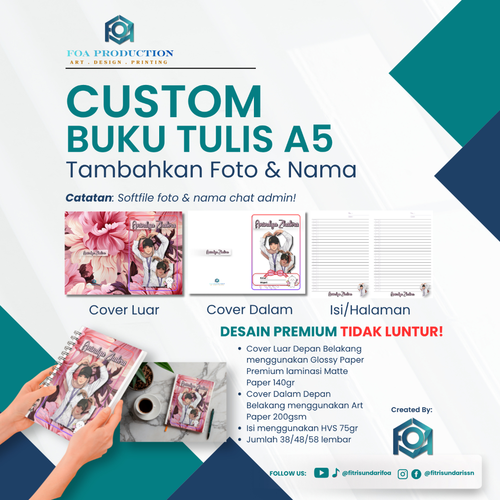 [BEAUTY FLOWERS] Buku Tulis Custom A5 Premium Foto & Nama - Notebook A5 Glossy Matte Art Paper 200gs