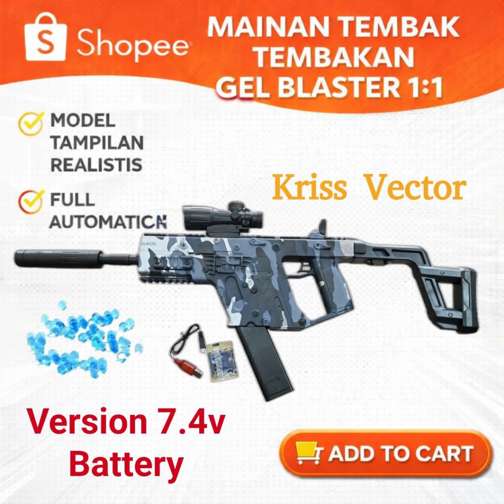 Mainan Senapan Peluru Water Gel Blaster Automatic Anak Model Kriss Vector 1:1 Rechargeable