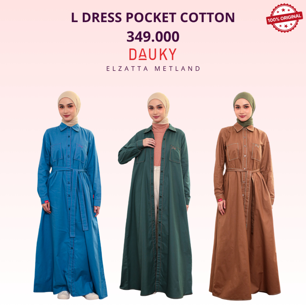 Dauky L Dress Pocket Cotton Gamis katun polos kancing aktif dari atas
