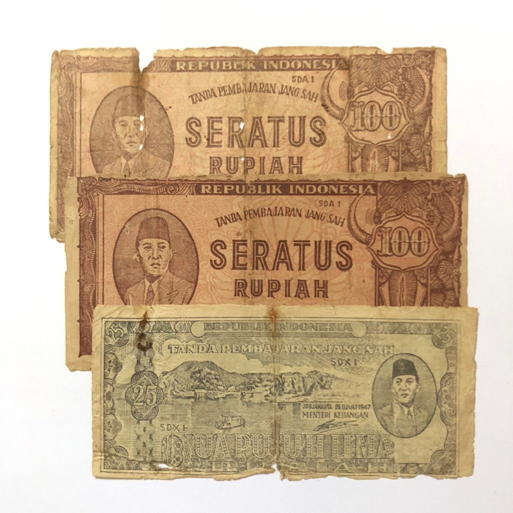 Uang Kertas Kuno 25 - 100 Rupiah Seri ORI II Tahun 1947 Original Koleksi Nostalgia
