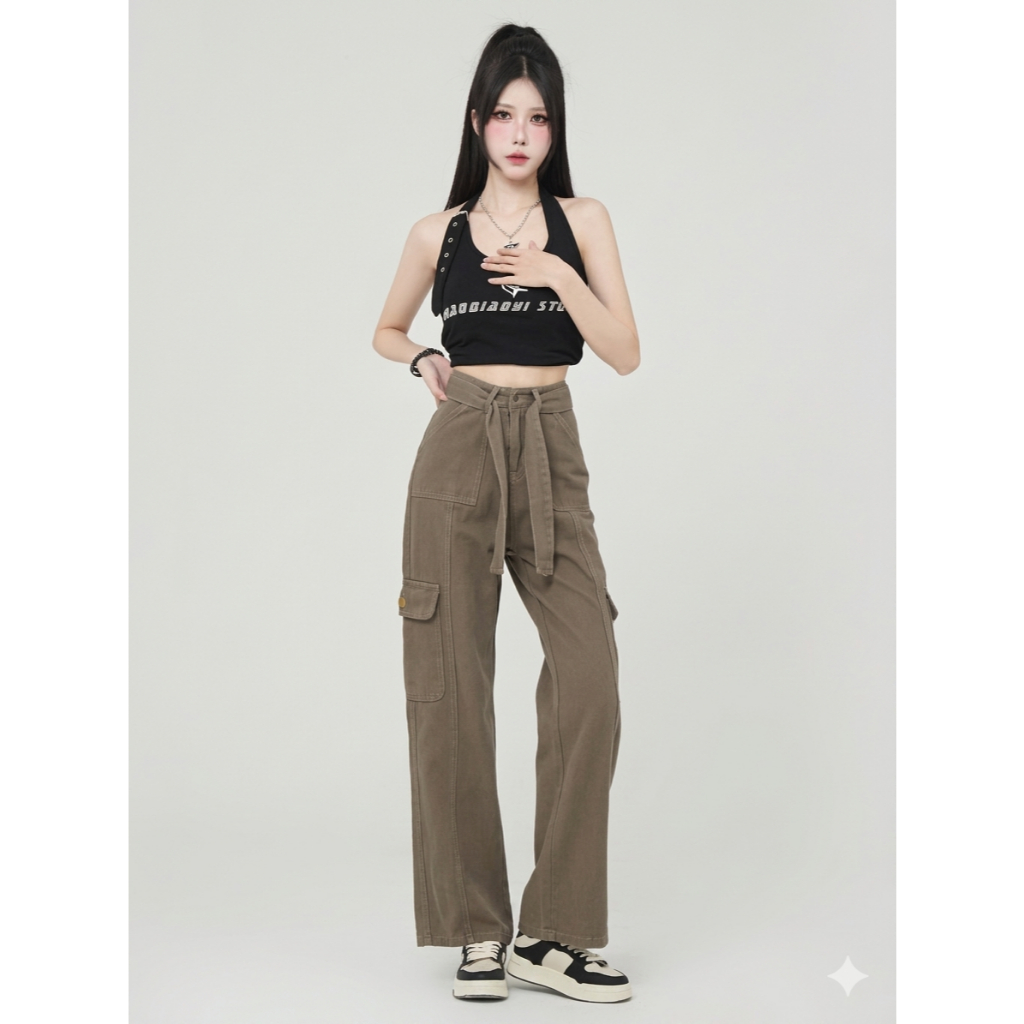 Celana Cargo J41- Cargo Jeans HW - Celana Panjang Wanita - Celana Boyfriend Jeans - Jeans Cargo Tali