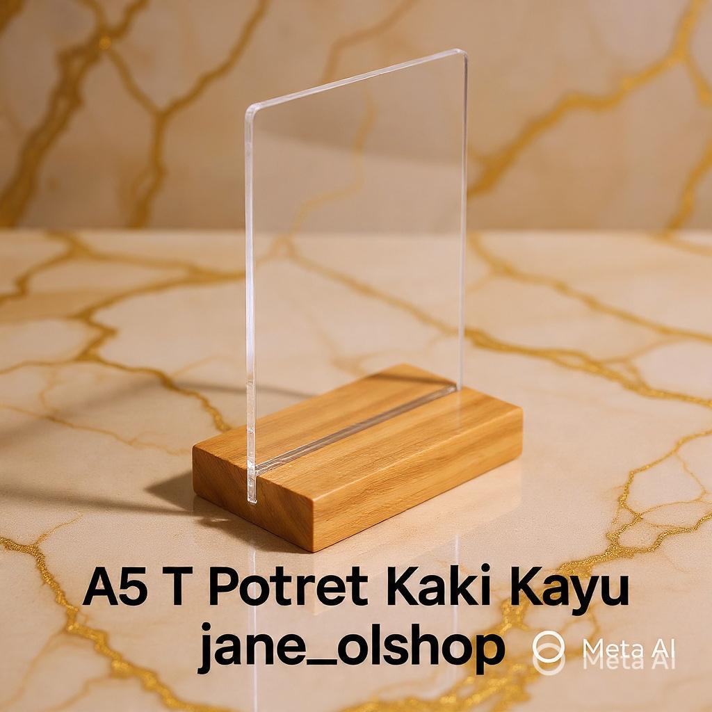 Akrilik Tempat Brosur/Tent Holder /Tent Card A5 Kaki Kayu