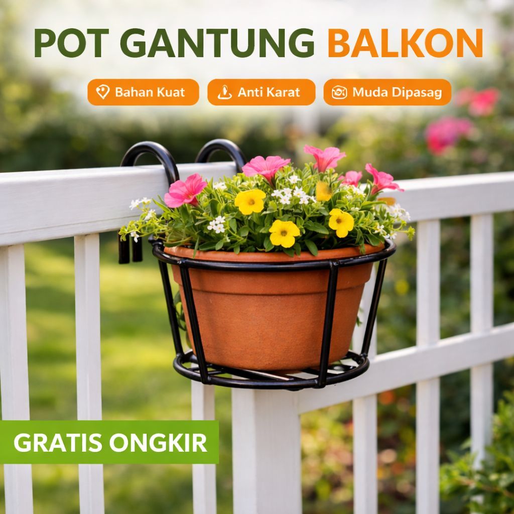 Rak Pot Bunga Gantung Balkon Pagar Besi Minimalis Tempat Tanaman Hias Outdoor Indoor | Gantungan Pot