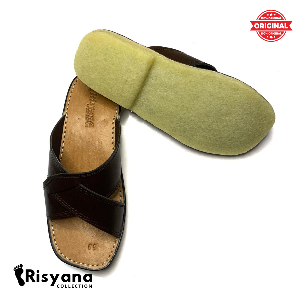 Sandal Pria Kulit Asli Tarumpah Silang X Karet Mentah Anti Slip Model Terbaru Warna Hitam Coklat Sus