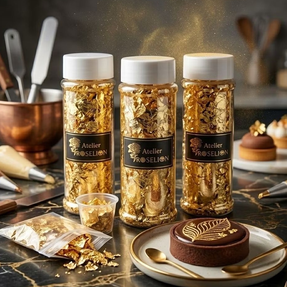 Roselion-Hiasan Kue Edible Gold Leaf 2 Gram Botol Besar Serpihan Emas Makanan - Dekorasi Kue Tart Ca