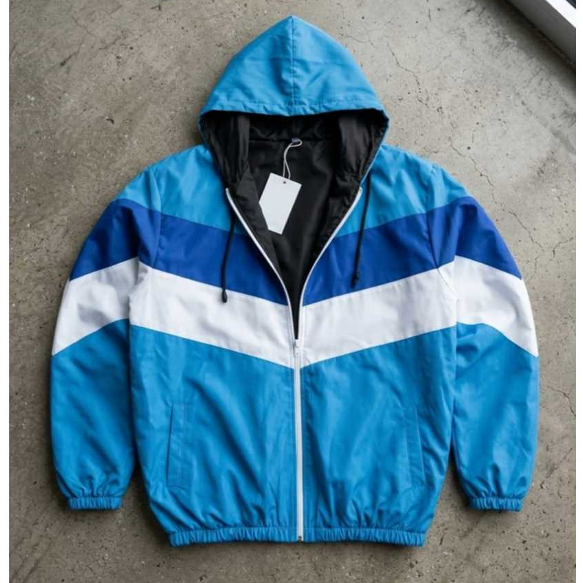 Jaket Parasut Tracktop Windbreakers Lumino Pria Wanita Kombinasi Warna Biru Ungu Putih