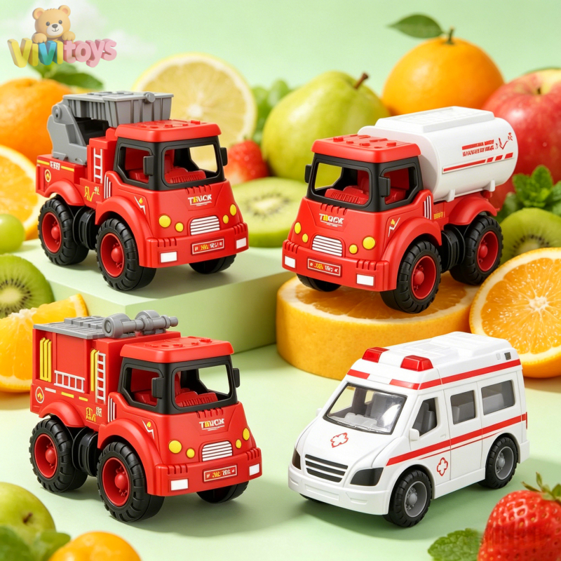 Vivitoys 4 Piece Kids Toy Car Set: Truk Militer/Truk Pemadam Kebakaran/Mobil Polisi/Kendaraan Teknik