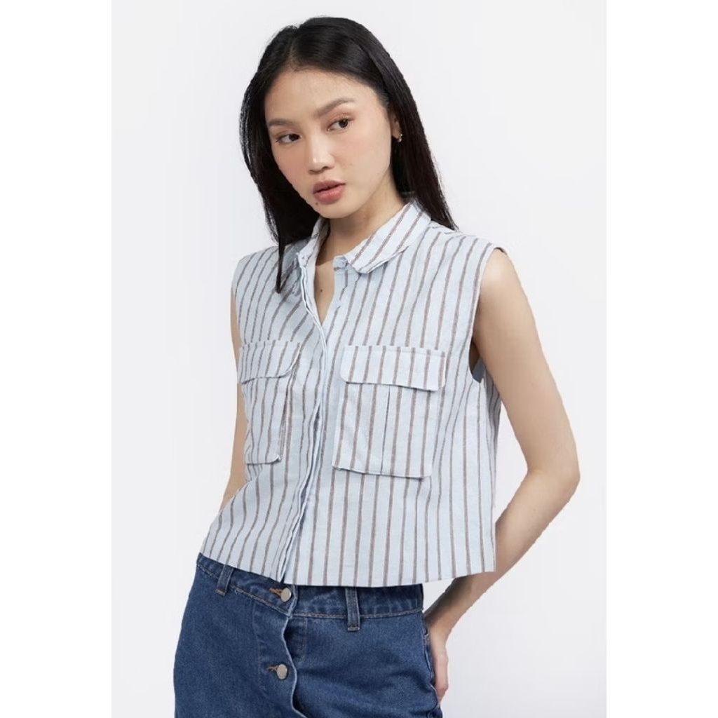 COLORBOX Double Pocket Crop Vest  Stripe Garis Biru Atasan