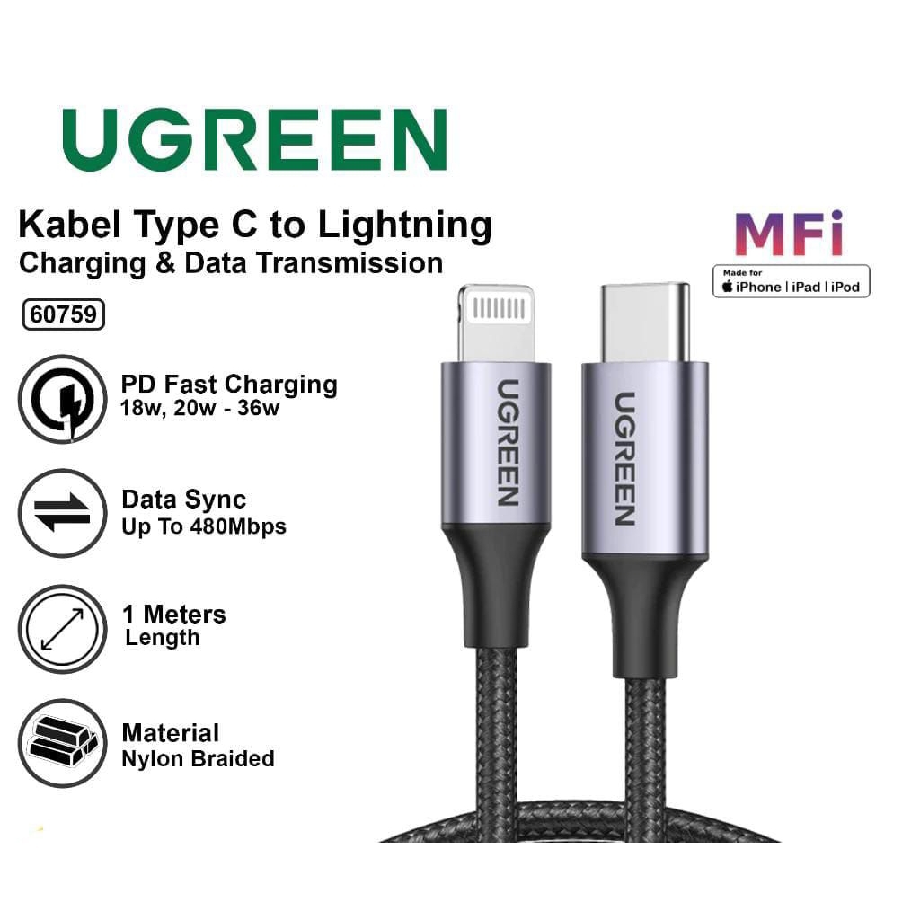 UGREEN KABEL DATA TYPE-C TO IP NYLON 60759 BLACK MFI Certified 1 Meter & Ugreen 90493.
