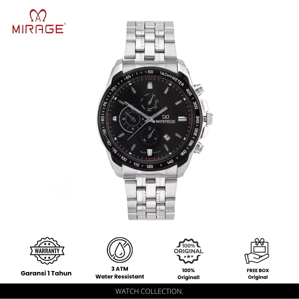 Mirage Jam Tangan Pria Analog Formal Chrono Sporty Silver Stainless Tanggal Aktif 8535 / 8883 M - Ga